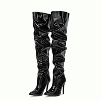 Nouvelles Bottes Hautes Élastiques 2023, Mode Automne-Hiver, Style Européen et Américain, Bout Pointu en Cuir Verni, Tube Haut Noir, Fermeture Éclair Mince