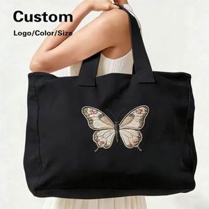 Sac fourre-tout grande capacité personnalisé avec logo, pour femme, en toile naturelle, avec sangle robuste et design brodé, style bagage - Product Image 1