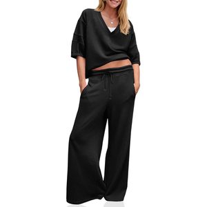 Fisoew Ensemble de survêtement 2 pièces pour femme, haut décontracté à col en V, pantalon à jambes larges, tenue de sport ample - Product Image 1