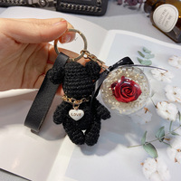 Porte-clés ours brillant tricoté à la main, de luxe, en fleur naturelle, pour femmes, sac à lanière, breloques de cadeau de Couple, livraison gratuite