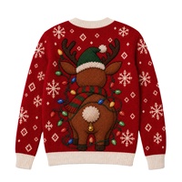 Pull tricoté homme Noël motif renne Rudolph lumières colorées col rond hiver Xmas Ugly Knitted