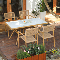 Ensemble de table et de chaises de salle à manger en teck empilables pour l'extérieur, résistant aux intempéries, avec dossier en corde tressée pour le mobilier de jardin