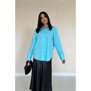 Chemise décontractée pour femme en popeline bleue, boutonnée, style simple, manches longues - Product Image 3
