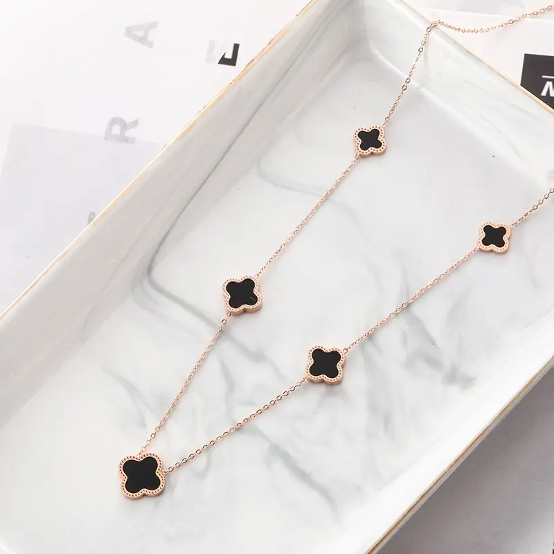 Rose Gold Plated Jewelry 4 Four Leaf Clover Necklaces Stainless Steel Women Sweater Chain Necklaces