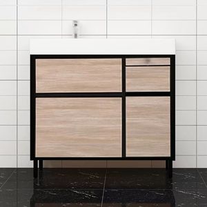 Industrial Wood Bathroom Vanity White Integrated Sink Black Metal Frame Floor Mounted <b>Storage</b> Cabinet - Product Image 2