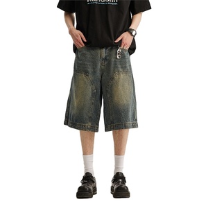 Shorts en jean pour homme, style rétro, délavé foncé, avec empiècements et détails de coutures, coupe ample mi-longue, décontracté, unisexe - Product Image 4
