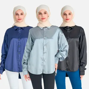 Wholesale 5XL Plus Size Dubai Abaya Muslim Women Dress Tops Long Sleeve Casual Modest Satin Silk Shirts Muslim Blouses