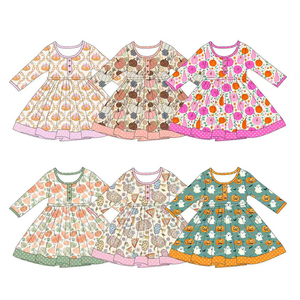 Robe à volants personnalisée décontractée en spandex à manches longues pour filles, style boutique, pour sœurs, collection automne Halloween, vente en gros, vêtements d'usine - Product Image 2