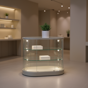 Vitrina Ovalada de Vidrio Templado de 90 cm de Alto, Color Gris Claro, Curva, con Iluminación LED y Estantes Ajustables - Product Image 3