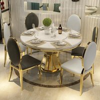 China Luxus runder Esstisch Gold Edelstahl Basis Esstisch mit Plattenspieler 4/6/8 Sitzplätze Marmor Esstisch Set
