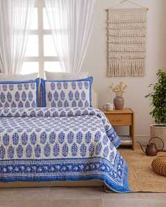 French Blue Cotton <b>Quilt</b> Hand Block Print Reversible Bedspread Soft All Season King Queen <b>Bedding</b> - Product Image 2