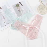 Culotte string taille basse unie pour jeunes femmes, transparente, en dentelle, avec entrejambe en coton, en nylon et élasthanne, brodée, pour l'exportation