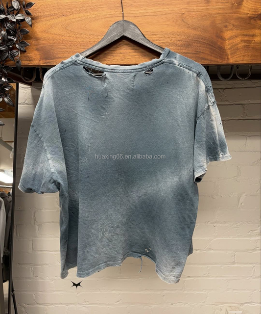 Custom 280gsm Heavyweight T Shirt Men 100% Cotton Vintage Acid Wash Destroyed Oversized Rock Band Graphic Tee Wholesale