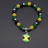 Gelang Hadiah Uniseks Elastis Bergaya Baru Warna Kuning Hijau Merah Hitam Terinspirasi Jamaika dengan Pola Angka dan Huruf dari Manik-manik Resin.