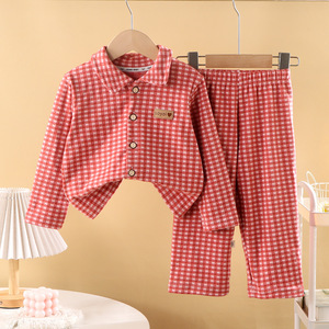 Vêtements de maison pour enfants, nouvelle collection automne/hiver, pyjamas à carreaux à col rabattu pour garçons et filles, ensemble cardigan en polaire chaud - Product Image 3