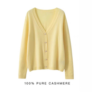 Cardigan en cachemire à col en v pour femmes, pull tricoté à manches longues de couleur unie pour le printemps et l'automne - Product Image 3