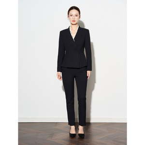 Women's Navy Blue V-Neck Suit Set Elegant Blazer Pants Anti-Wrinkle Worsted Commute Style - Product Image 4