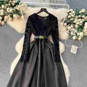 Vestido Maxi Elegante de Otoño para Mujer, Talla Grande, Cuello en V, Manga Larga, Estilo Imperio, con Parches de Encaje, Antiestático y Ecológico - Product Image 3