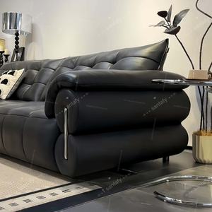 Ensemble de canapé-lit inclinable en cuir noir moderne français, salon, détente, dossier haut, design simple, droit, école - Product Image 6