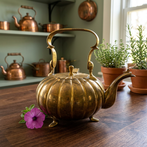 Vintage Brass Pumpkin Shape Tea Kettle With <b>Lid</b> And Handle Metal Water <b>Pot</b> - Product Image 6