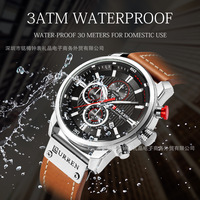 Montre à quartz pour homme, boîtier rond, cadran noir, trois sous-cadrans, jour, date, tachymètre, bracelet en cuir marron, sport