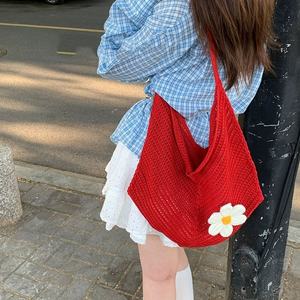 Sac à main pour femme en paille tissée grande capacité, printemps, fleurs, fermeture éclair, doublure en coton, sac à bandoulière creux, sac de plage, sac de voyage - Product Image 1