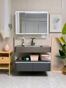 Black Matte Hanging <b>Bathroom</b> <b>Vanity</b> with LED Monochrome Light Strip Hanging Washbasin Double Drawer Design - Product Image 3