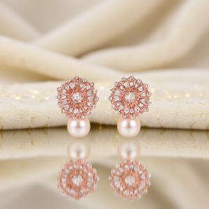 Pendientes de Oro Rosa E2693 con Diseño de Flor y Perla de Agua Dulce para Mujer, Joyería de Boda, Estilo Romántico - Product Image 2