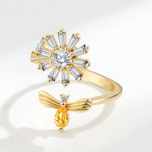 Rotating Sunflower Rings Fashionable Copper Gold Plated Claw Set Zircon Anxiety Fidget Spinner Parties Holiday Jewelry <b>Gift</b> - Product Image 6