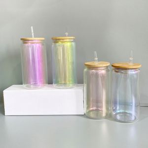 16oz Recyclable Crystal Clear Ombre Color Gorgeous Beer Soda Pop Sublimation rainbow Glass Cans with <b>Bamboo</b> Lid and <b>Straw</b> - Product Image 1