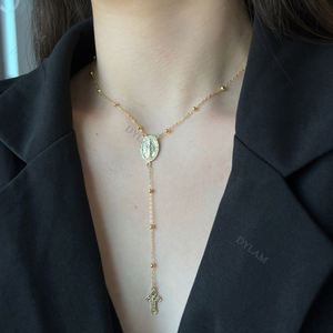 Collar Dylam Dainty Daily Jewelry con Cadena de Cuentas, Doble Colgante en Forma de Cruz, Plata de Ley 925, Virgen María, San Benito - Product Image 2