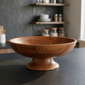 Bol de service vintage en bois d'acacia poli, écologique, style piédestal, décoratif pour fruits et salades, compatible lave-vaisselle, pour fêtes et maison - Product Image 1