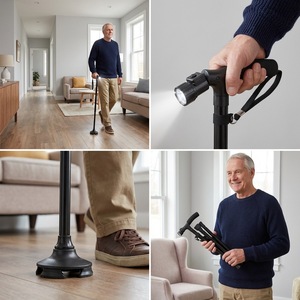 Bastón Plegable LED de Marca TV, de Aleación de Aluminio Negro, con 3 Articulaciones y Punta de Goma, Multifuncional para Personas Mayores - Product Image 1