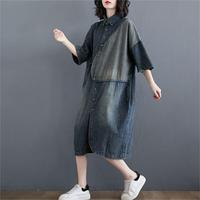 Casual trois quarts manches courtes boutons Patchwork robes Midi col rabattu coton Denim robe femmes 2023 vente en gros