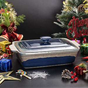 네뷸라 블루 반응성 유약 직사각형 세라믹 캐서롤 디쉬 세트 (뚜껑 포함) - 빈티지 라자냐 베이킹 트레이 - Product Image 5