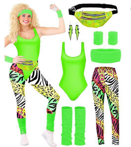 Costume de disco vintage des années 80 pour femmes, 7 pièces, justaucorps vert néon, ensemble de leggings, survêtement athlétique pour cosplay, fête à thème - Product Image 1