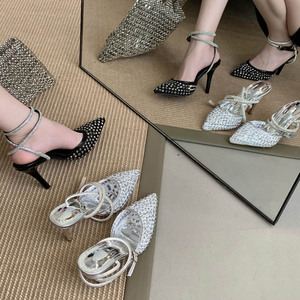 Chaussures de mariage à talon aiguille ultra-haut pour femme, avec boucle argentée pointue et dessus en cristal, style tendance et sexy - Product Image 5