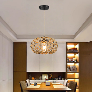 Lampe suspendue en rotin rétro transfrontalière, installation de projet, <span class=keywords><strong>hauteur</strong></span> réglable, LED à intensité variable, salon, chambre à coucher, chevet - Product Image 6