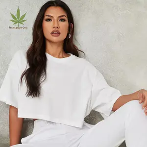 Sweat-shirt blanc en coton biologique pour femmes, top court blanc, épaules tombantes, large, en coton biologique, collection 2020
