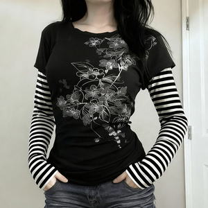 T-shirt à manches longues rayé à superpositions style Y2K pour femmes, imprimé, couleur contrastée, streetwear - Product Image 2