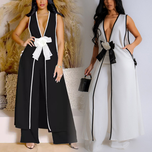 Phụ Nữ Thời Trang Quần Áo Phụ Nữ Thanh Lịch Khí Lỏng Lẻo Camellia Bow Không Tay Vest Váy Rộng Quần Chân Hai Mảnh Của Phụ Nữ Bộ - Product Image 1