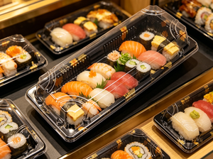 Emballage alimentaire de luxe rectangulaire doré à emporter, de qualité alimentaire, imprimé japonais, pour sushis et sandwichs, en matériaux recyclés, avec couvercle en PET - Product Image 4
