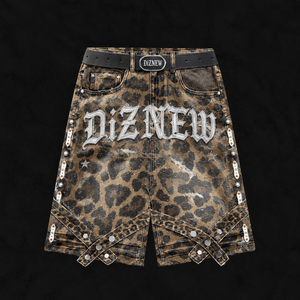 DiZNEW BSCI Fabrik Maßgefertigte Leopardenmuster-<span class=keywords><strong>Shorts</strong></span> Herren Schwere Denim Gothic Stickerei Strass-Besetzte Streetwear-<span class=keywords><strong>Shorts</strong></span> - Product Image 1