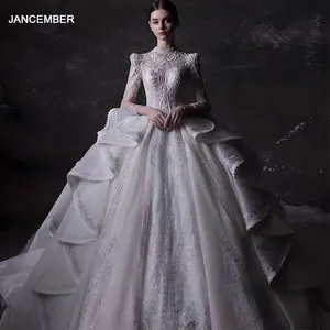 Luxury Lace Wedding Dresses High Neck Long Sleeve Full Beaded Crystals Ruffled Edge Shining Princess Bridal Gowns Lsht024