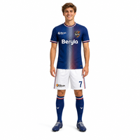Ensemble de maillot de football personnalisé à rayures bleues, élégance française, pour hommes, transfert thermique, séchage rapide, maille respirante, 100% polyester, vêtements d'équipe