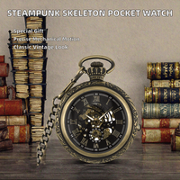Montre de poche mécanique squelette steampunk vintage avec bracelet en alliage, boîtier de 47 mm, cadran unique, cadeau idéal pour homme collectionneur