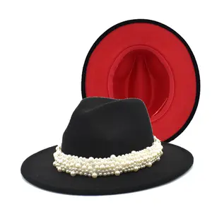 Female Dress Hat Pearl Ribbon Decor two tone hats Women Wide Brim Wool Felt Fedora Hats