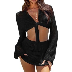 Womens <b>Crochet</b> Swimsuit Cover Up 2 Piece <b>Set</b> Long Sleeve Tie Front Crop Top Mini Skirt Elastic Waist Deep V Neck Knitted Bodycon - Product Image 1
