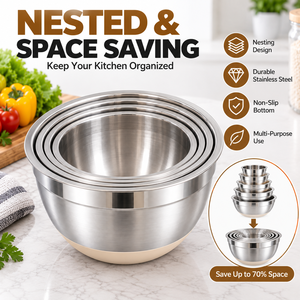Ensemble de 8 bols mélangeurs en acier inoxydable avec couvercles, râpes et base antidérapante, bols emboîtables pour la pâtisserie, la cuisine et la préparation des salades - Product Image 6