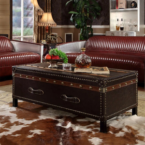 Table basse moderne en cuir véritable de style américain avec rangement et <span class=keywords><strong>hauteur</strong></span> réglable, design durable, structure en bois massif européen - Product Image 1